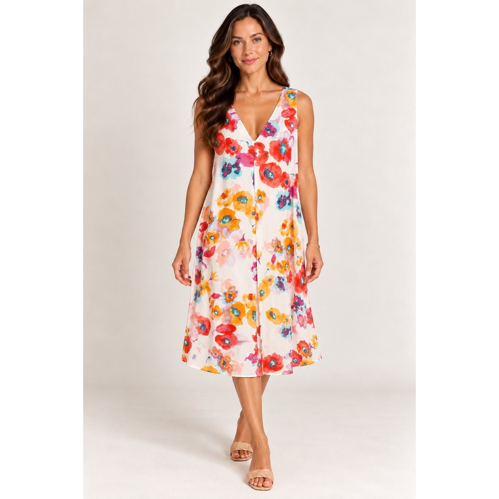 Soft Surroundings XL Cotton Watercolor Floral V-Neck Midi Dress 46"